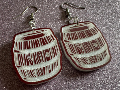 Faux Wooden Barrel Earrings: Laser Cut Acrylic Barrels, Western Theme, Cowboy Earrings, Wine Barrel, Novelty, Best Gifts for Her/Him/Them