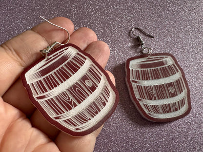 Faux Wooden Barrel Earrings: Laser Cut Acrylic Barrels, Western Theme, Cowboy Earrings, Wine Barrel, Novelty, Best Gifts for Her/Him/Them