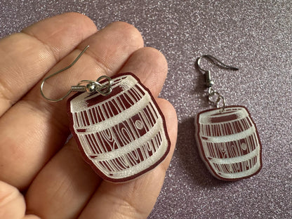 Faux Wooden Barrel Earrings: Laser Cut Acrylic Barrels, Western Theme, Cowboy Earrings, Wine Barrel, Novelty, Best Gifts for Her/Him/Them
