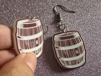 Faux Wooden Barrel Earrings: Laser Cut Acrylic Barrels, Western Theme, Cowboy Earrings, Wine Barrel, Novelty, Best Gifts for Her/Him/Them