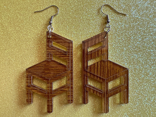Faux Wooden Chair Earrings: Laser Cut Acrylic Imitation Wood Furniture, Home, Armchair, House, Gifts for Her/Him/Them