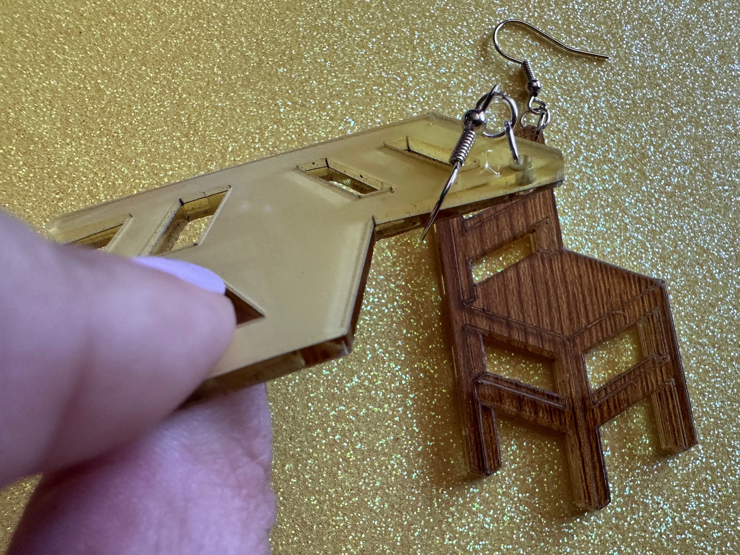 Faux Wooden Chair Earrings: Laser Cut Acrylic Imitation Wood Furniture, Home, Armchair, House, Gifts for Her/Him/Them