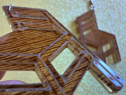 Faux Wooden Chair Earrings: Laser Cut Acrylic Imitation Wood Furniture, Home, Armchair, House, Gifts for Her/Him/Them