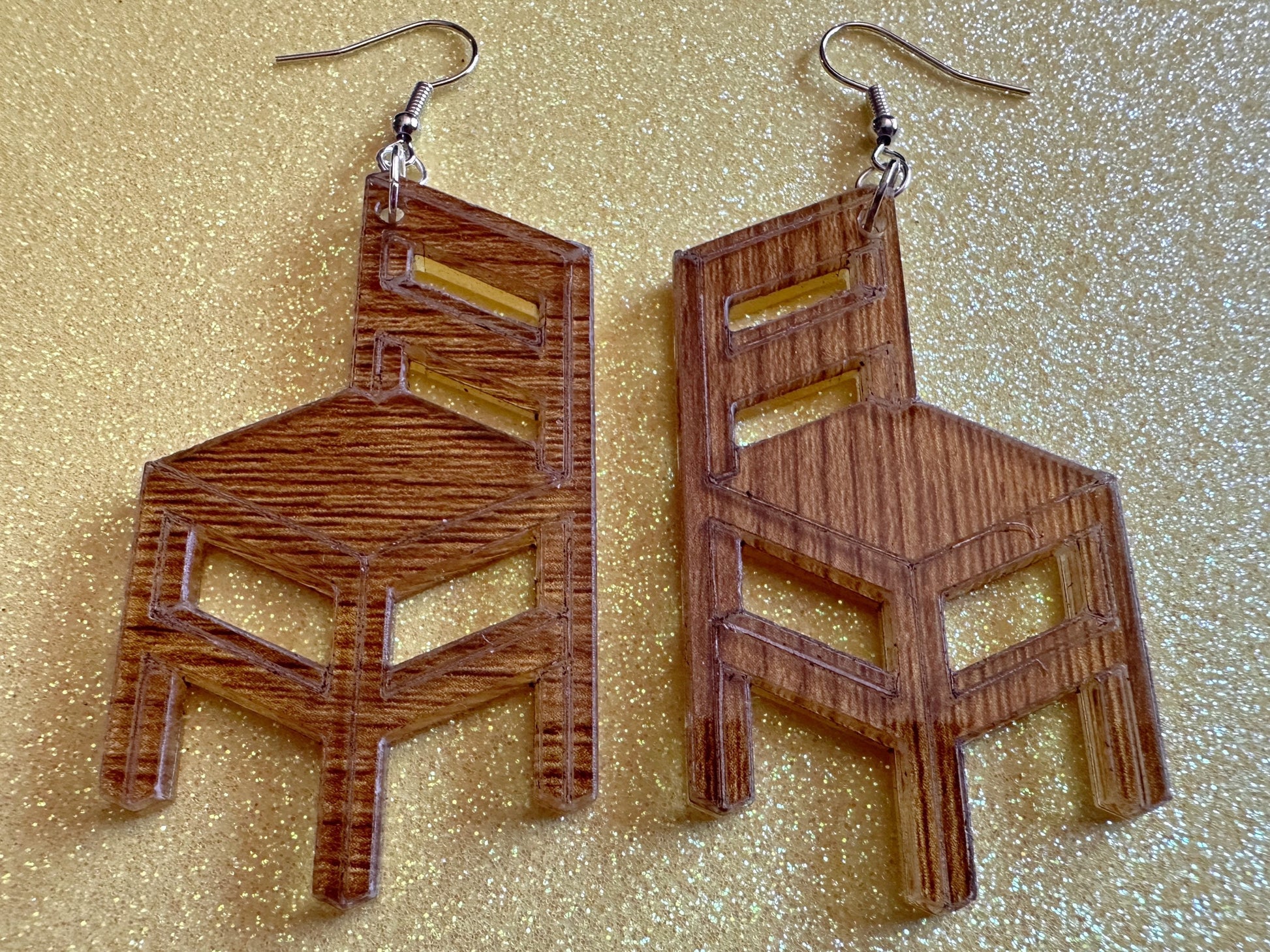 Faux Wooden Chair Earrings: Laser Cut Acrylic Imitation Wood Furniture, Home, Armchair, House, Gifts for Her/Him/Them