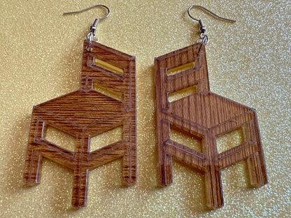 Faux Wooden Chair Earrings: Laser Cut Acrylic Imitation Wood Furniture, Home, Armchair, House, Gifts for Her/Him/Them
