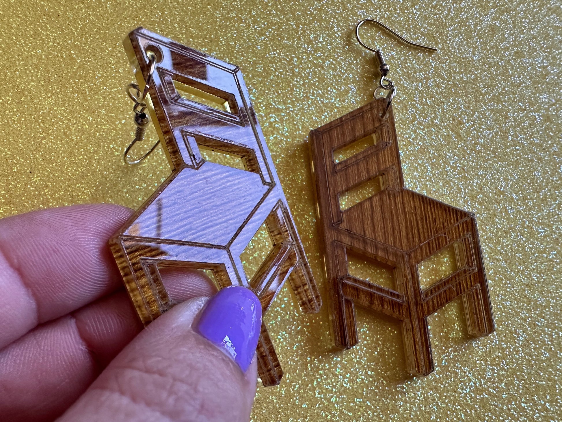 Faux Wooden Chair Earrings: Laser Cut Acrylic Imitation Wood Furniture, Home, Armchair, House, Gifts for Her/Him/Them