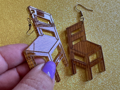 Faux Wooden Chair Earrings: Laser Cut Acrylic Imitation Wood Furniture, Home, Armchair, House, Gifts for Her/Him/Them