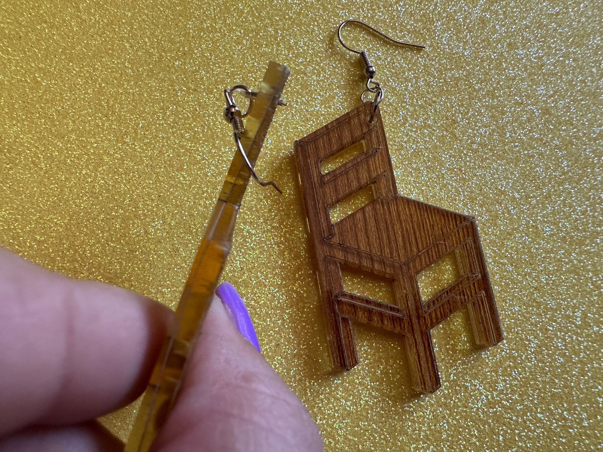 Faux Wooden Chair Earrings: Laser Cut Acrylic Imitation Wood Furniture, Home, Armchair, House, Gifts for Her/Him/Them
