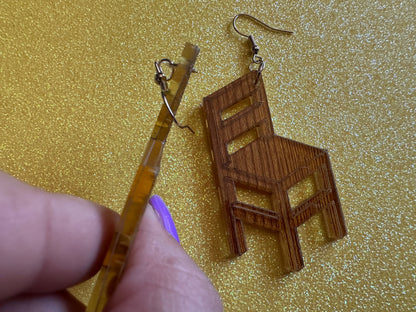 Faux Wooden Chair Earrings: Laser Cut Acrylic Imitation Wood Furniture, Home, Armchair, House, Gifts for Her/Him/Them