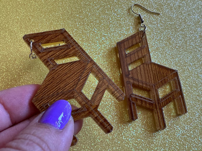 Faux Wooden Chair Earrings: Laser Cut Acrylic Imitation Wood Furniture, Home, Armchair, House, Gifts for Her/Him/Them