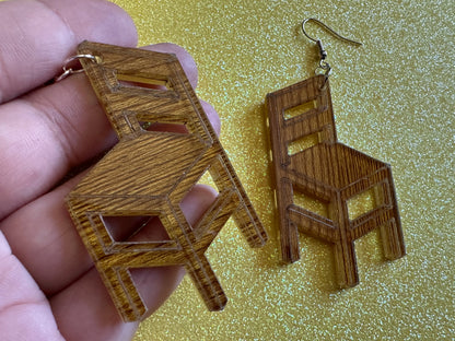 Faux Wooden Chair Earrings: Laser Cut Acrylic Imitation Wood Furniture, Home, Armchair, House, Gifts for Her/Him/Them