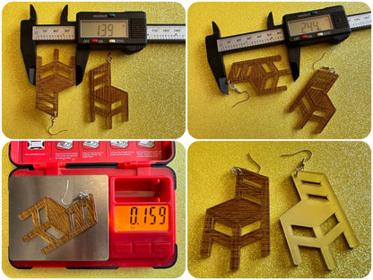Faux Wooden Chair Earrings: Laser Cut Acrylic Imitation Wood Furniture, Home, Armchair, House, Gifts for Her/Him/Them