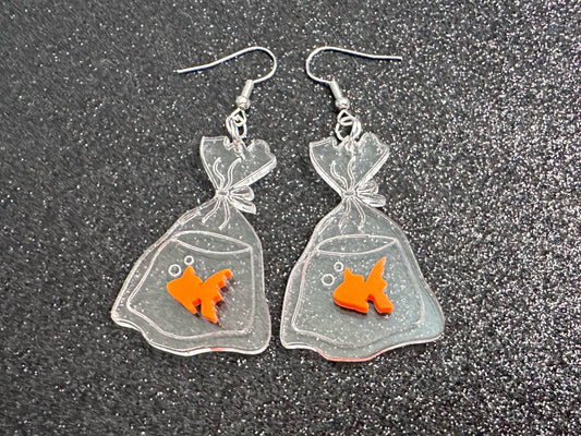 Fish in a Bag Earrings: Laser Cut Acrylic Fish, Plastic Bag Fish, Unique Pets, Orange Fishes, Novelty Earrings, Best Gifts for Her/Him/Them