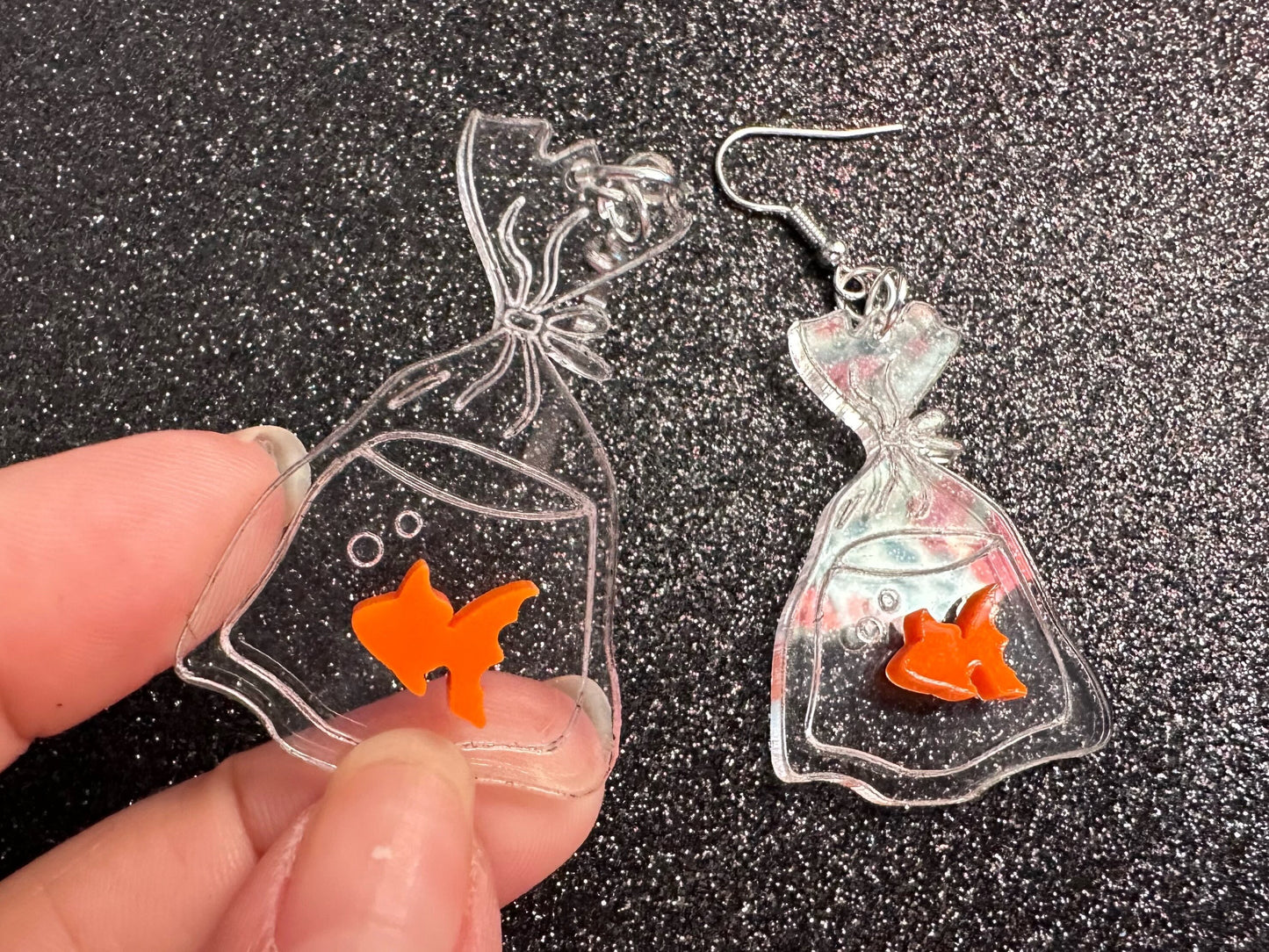 Fish in a Bag Earrings: Laser Cut Acrylic Fish, Plastic Bag Fish, Unique Pets, Orange Fishes, Novelty Earrings, Best Gifts for Her/Him/Them