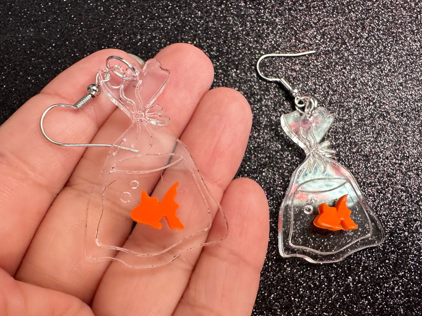 Fish in a Bag Earrings: Laser Cut Acrylic Fish, Plastic Bag Fish, Unique Pets, Orange Fishes, Novelty Earrings, Best Gifts for Her/Him/Them