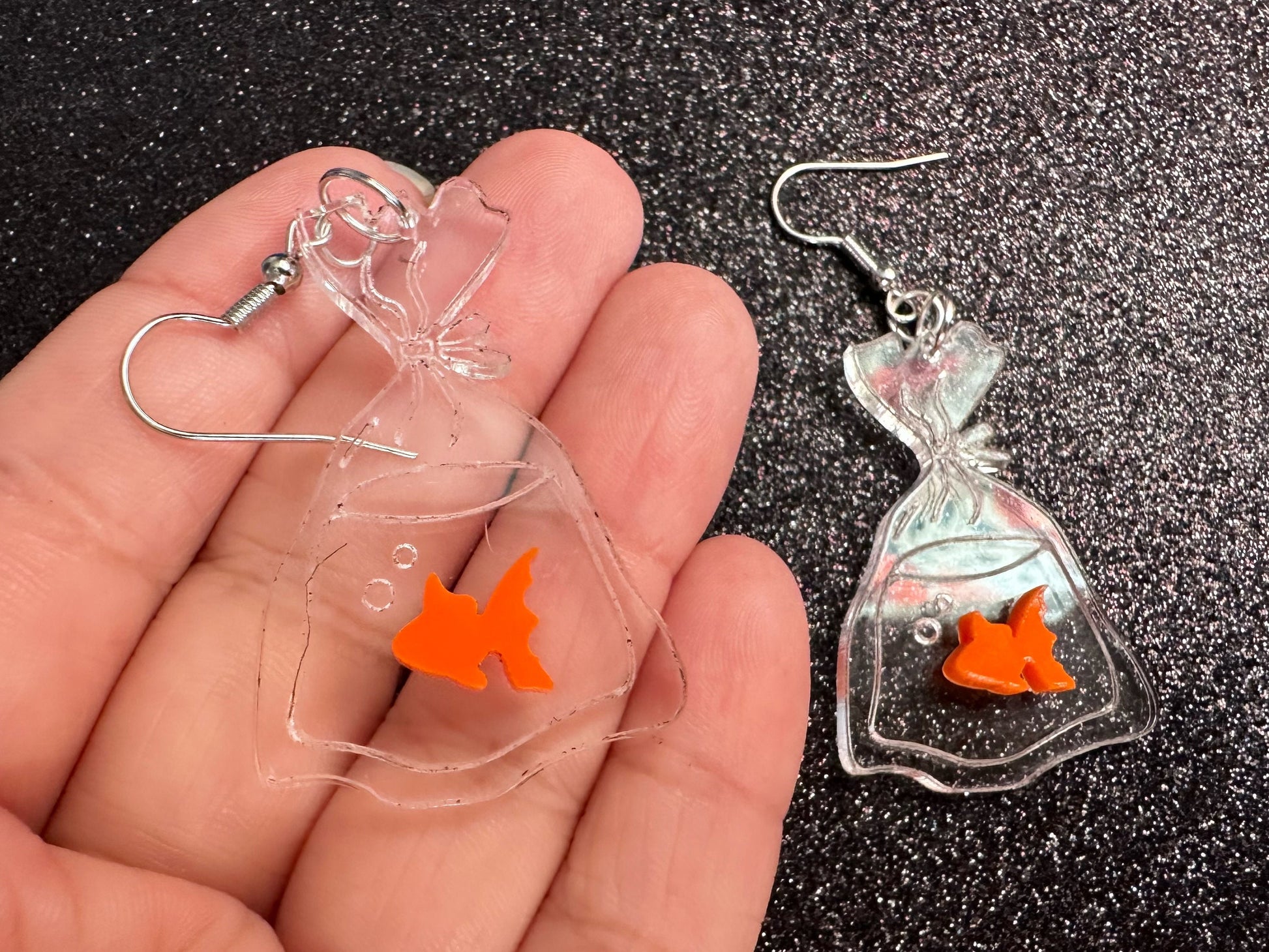 Fish in a Bag Earrings: Laser Cut Acrylic Fish, Plastic Bag Fish, Unique Pets, Orange Fishes, Novelty Earrings, Best Gifts for Her/Him/Them