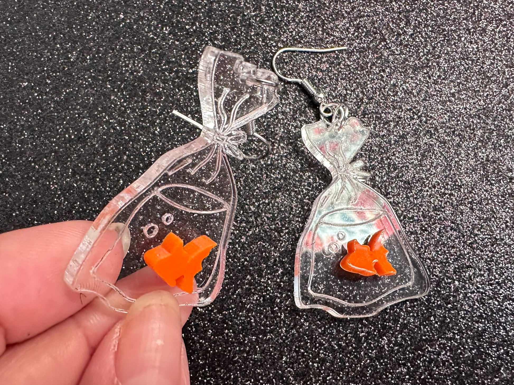 Fish in a Bag Earrings: Laser Cut Acrylic Fish, Plastic Bag Fish, Unique Pets, Orange Fishes, Novelty Earrings, Best Gifts for Her/Him/Them