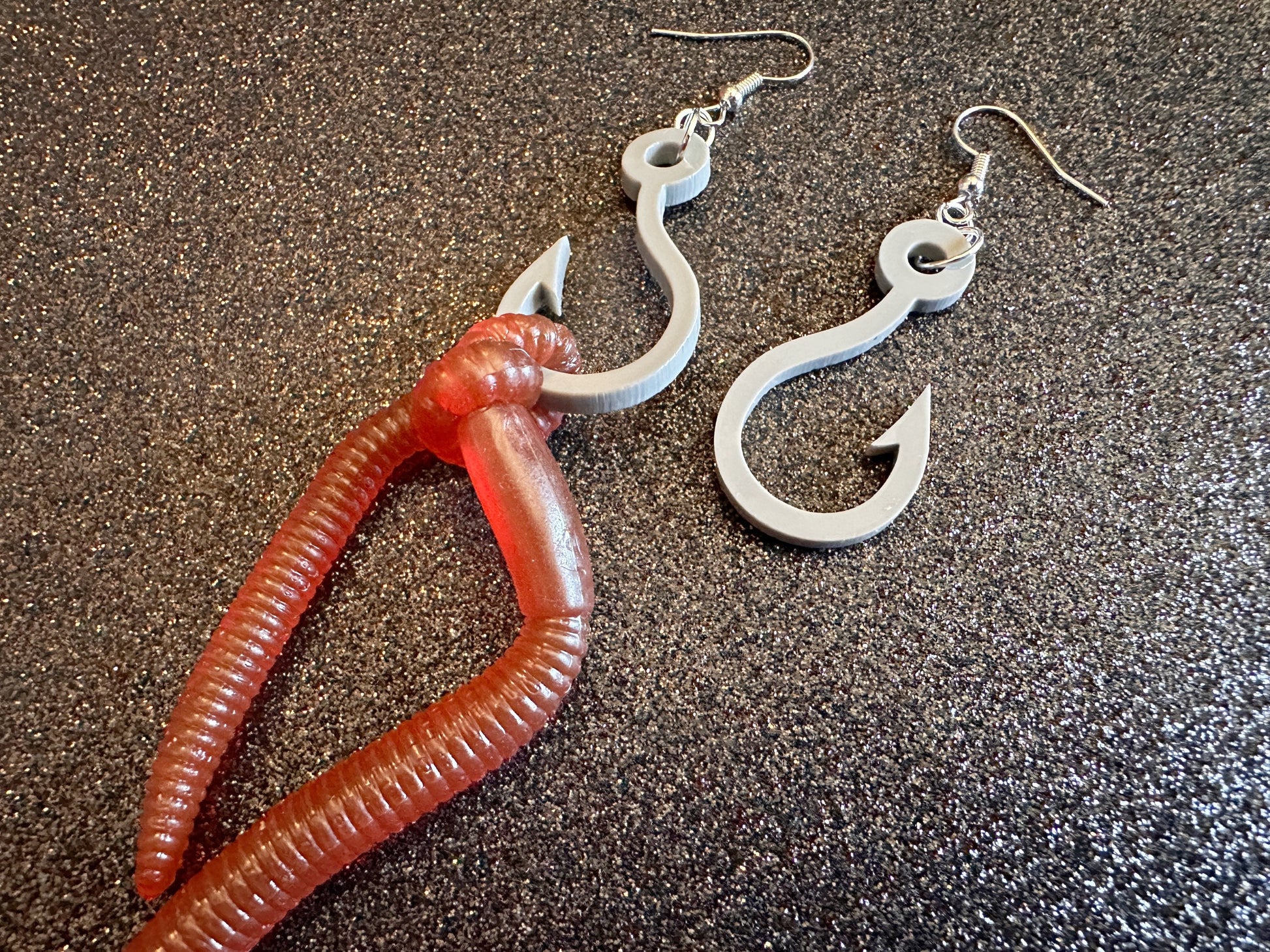 Fishing Earrings: Laser Cut Acrylic Hooks & Rubber Worms, Bait, Fisherman, Animals, Worms, Hobby, Summer Vibes, Best Gifts for Her/Him/Them