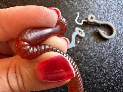 Fishing Earrings: Laser Cut Acrylic Hooks & Rubber Worms, Bait, Fisherman, Animals, Worms, Hobby, Summer Vibes, Best Gifts for Her/Him/Them