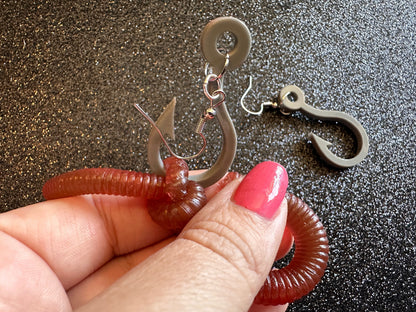 Fishing Earrings: Laser Cut Acrylic Hooks & Rubber Worms, Bait, Fisherman, Animals, Worms, Hobby, Summer Vibes, Best Gifts for Her/Him/Them
