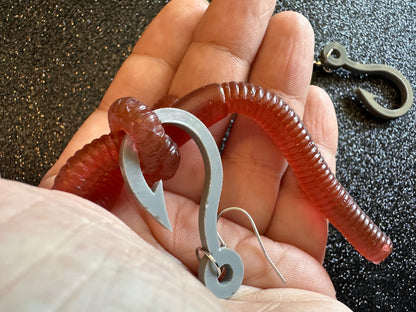 Fishing Earrings: Laser Cut Acrylic Hooks & Rubber Worms, Bait, Fisherman, Animals, Worms, Hobby, Summer Vibes, Best Gifts for Her/Him/Them