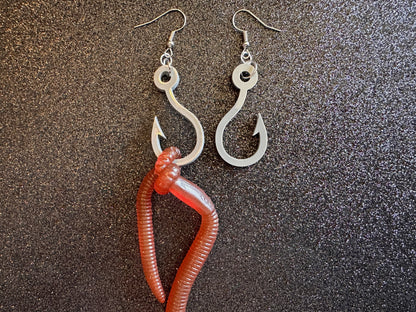Fishing Earrings: Laser Cut Acrylic Hooks & Rubber Worms, Bait, Fisherman, Animals, Worms, Hobby, Summer Vibes, Best Gifts for Her/Him/Them