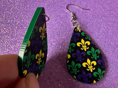 Fleur De Lis Earrings: Laser Cut Acrylic Mardi Gras Symbols, Purple, Gold, Green Earrings Carnival, New Orleans, Best Gifts for Her/Him/Them