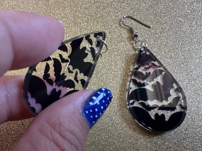 Flying Bat Earrings: Laser Cut Acrylic Bats, Halloween, Magic, Spooky, Black Bats, Vamp, Vampire, Best Gifts for Her/Him/Them
