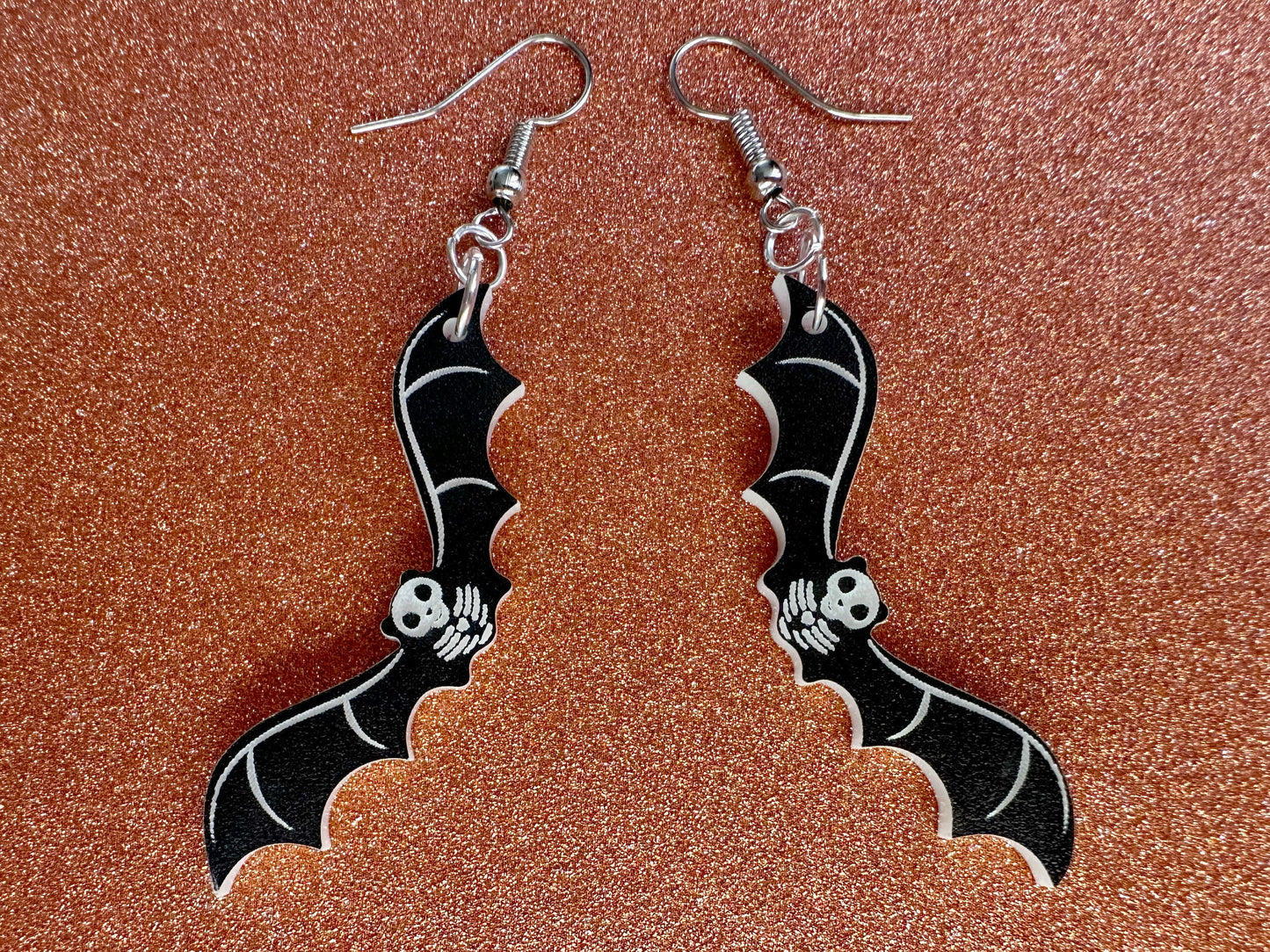 Flying Bat Skeleton Earrings: Laser Cut Acrylic Bats, Halloween, Magic, Spooky, Black Bats, Vamp, Vampire, Best Gifts for Her/Him/Them
