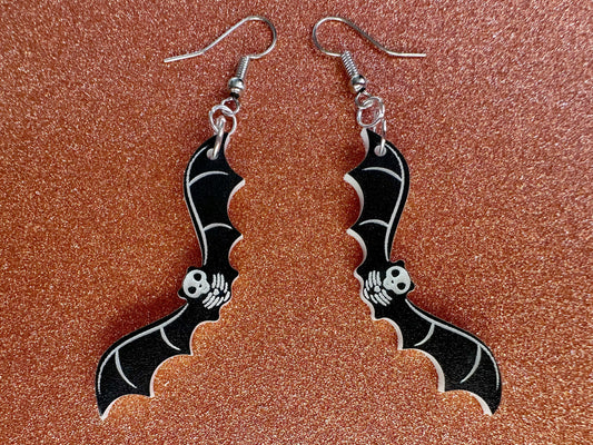 Flying Bat Skeleton Earrings: Laser Cut Acrylic Bats, Halloween, Magic, Spooky, Black Bats, Vamp, Vampire, Best Gifts for Her/Him/Them