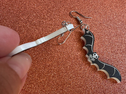Flying Bat Skeleton Earrings: Laser Cut Acrylic Bats, Halloween, Magic, Spooky, Black Bats, Vamp, Vampire, Best Gifts for Her/Him/Them