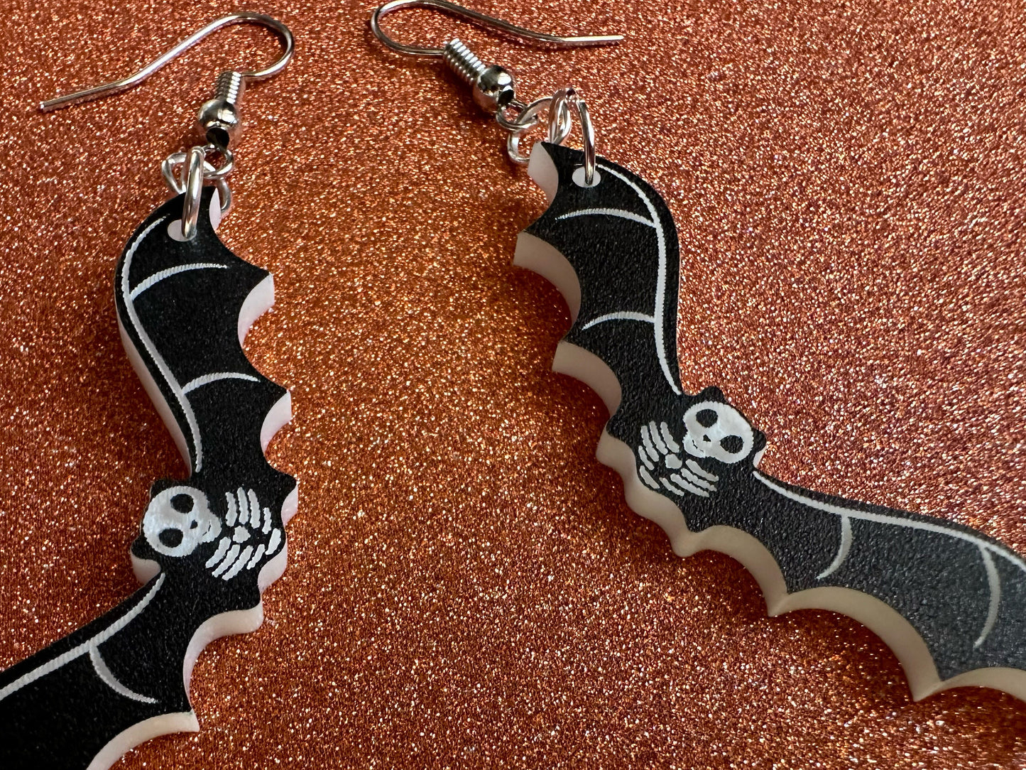 Flying Bat Skeleton Earrings: Laser Cut Acrylic Bats, Halloween, Magic, Spooky, Black Bats, Vamp, Vampire, Best Gifts for Her/Him/Them
