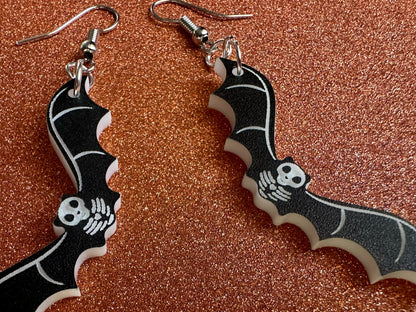 Flying Bat Skeleton Earrings: Laser Cut Acrylic Bats, Halloween, Magic, Spooky, Black Bats, Vamp, Vampire, Best Gifts for Her/Him/Them