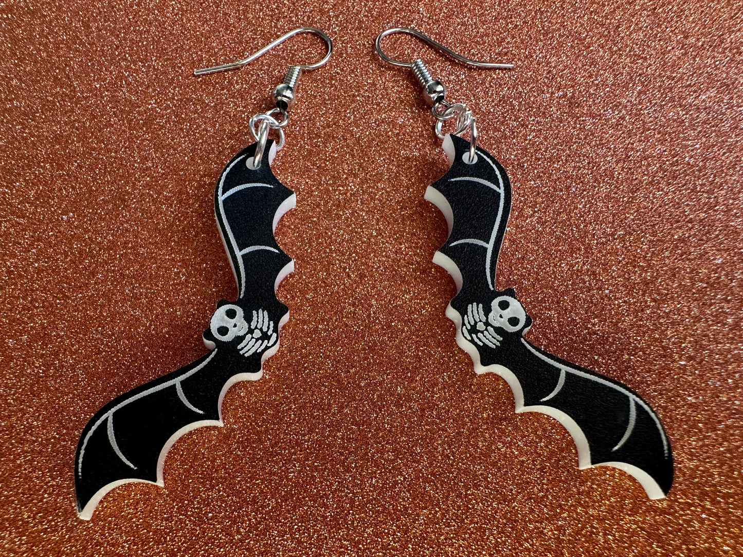 Flying Bat Skeleton Earrings: Laser Cut Acrylic Bats, Halloween, Magic, Spooky, Black Bats, Vamp, Vampire, Best Gifts for Her/Him/Them