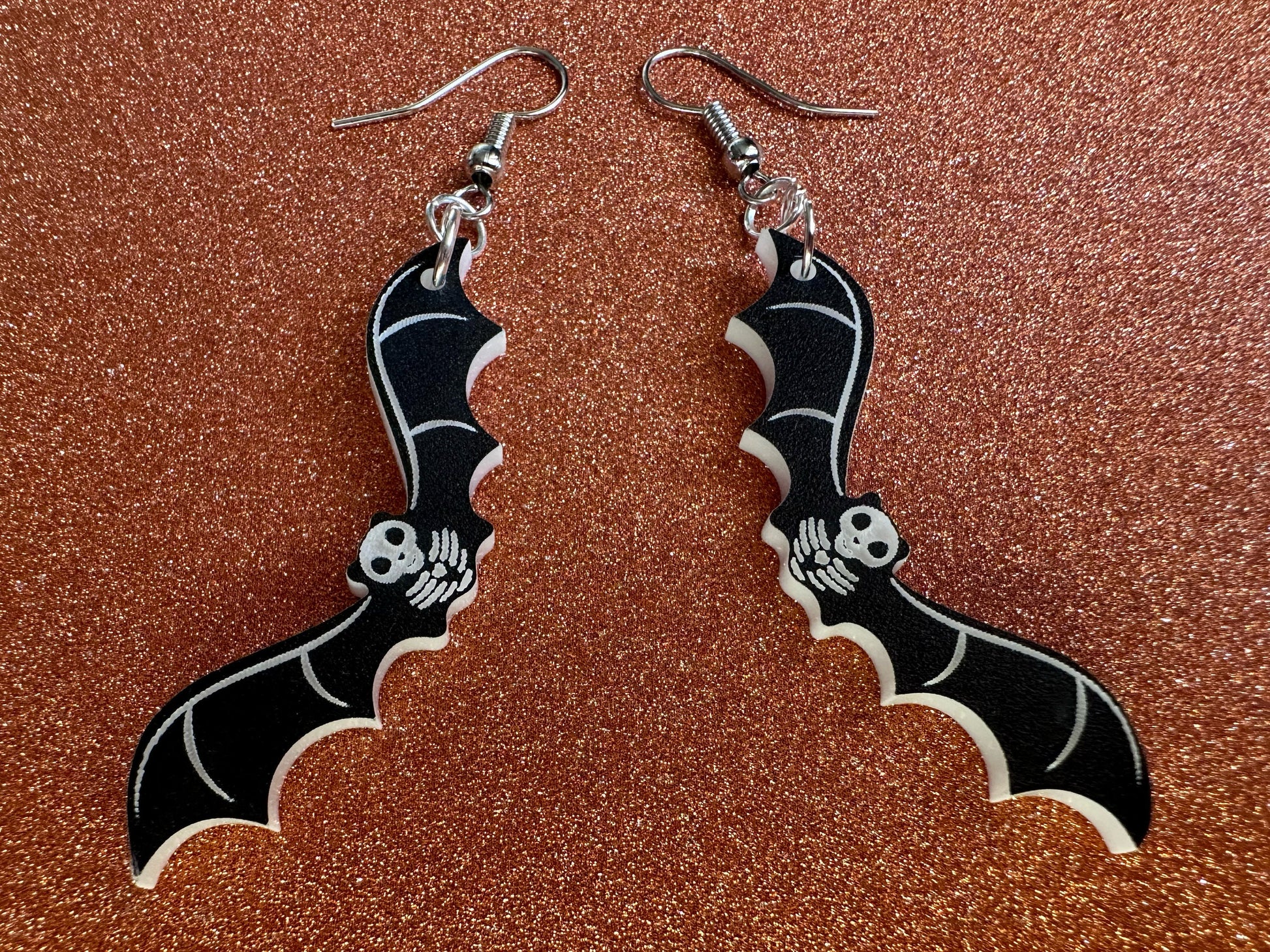 Flying Bat Skeleton Earrings: Laser Cut Acrylic Bats, Halloween, Magic, Spooky, Black Bats, Vamp, Vampire, Best Gifts for Her/Him/Them