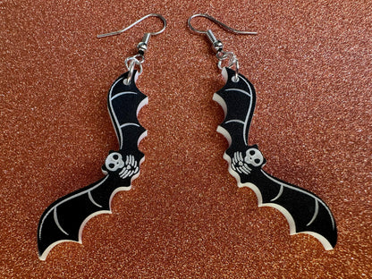 Flying Bat Skeleton Earrings: Laser Cut Acrylic Bats, Halloween, Magic, Spooky, Black Bats, Vamp, Vampire, Best Gifts for Her/Him/Them