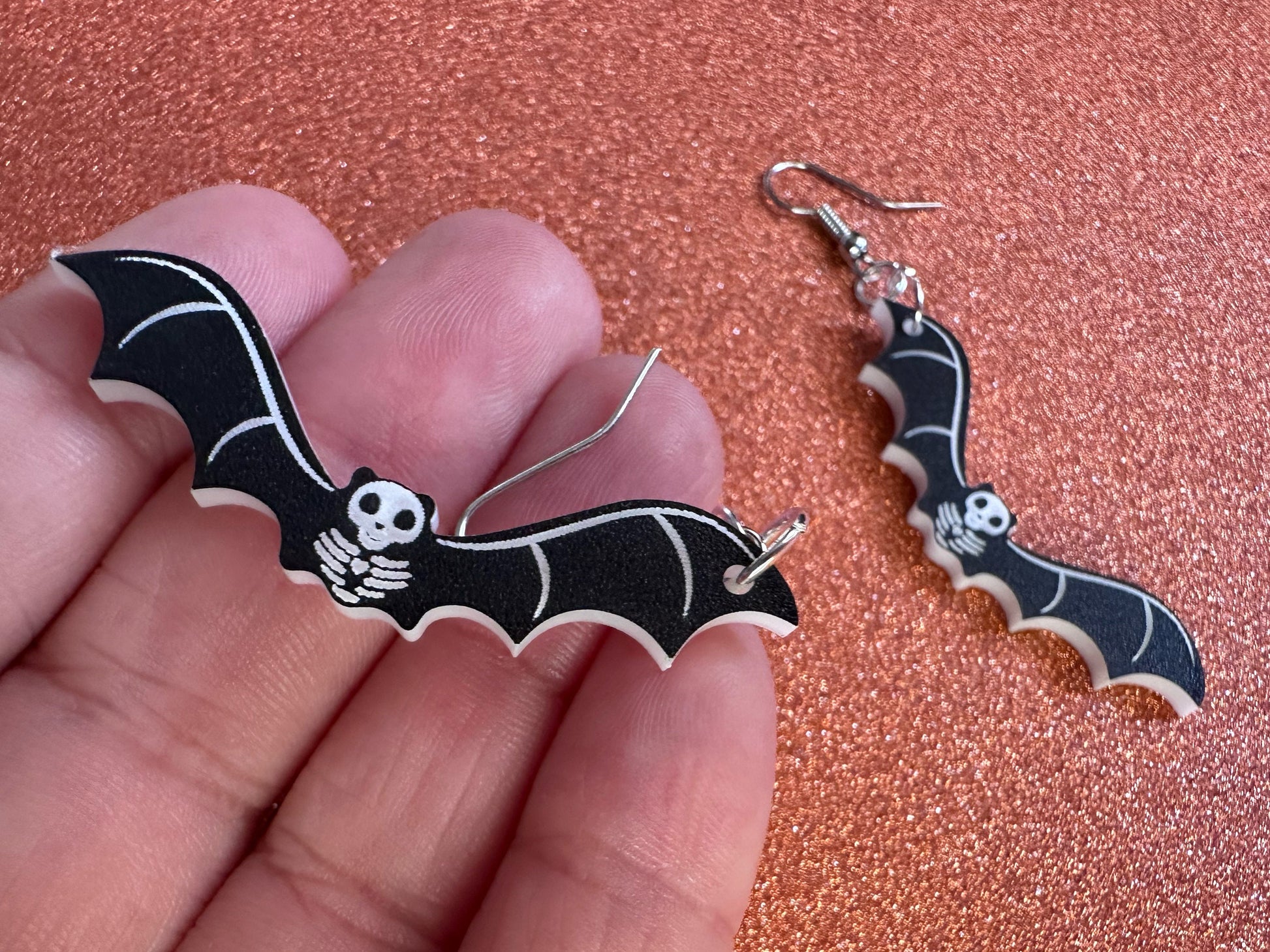 Flying Bat Skeleton Earrings: Laser Cut Acrylic Bats, Halloween, Magic, Spooky, Black Bats, Vamp, Vampire, Best Gifts for Her/Him/Them