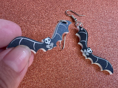 Flying Bat Skeleton Earrings: Laser Cut Acrylic Bats, Halloween, Magic, Spooky, Black Bats, Vamp, Vampire, Best Gifts for Her/Him/Them