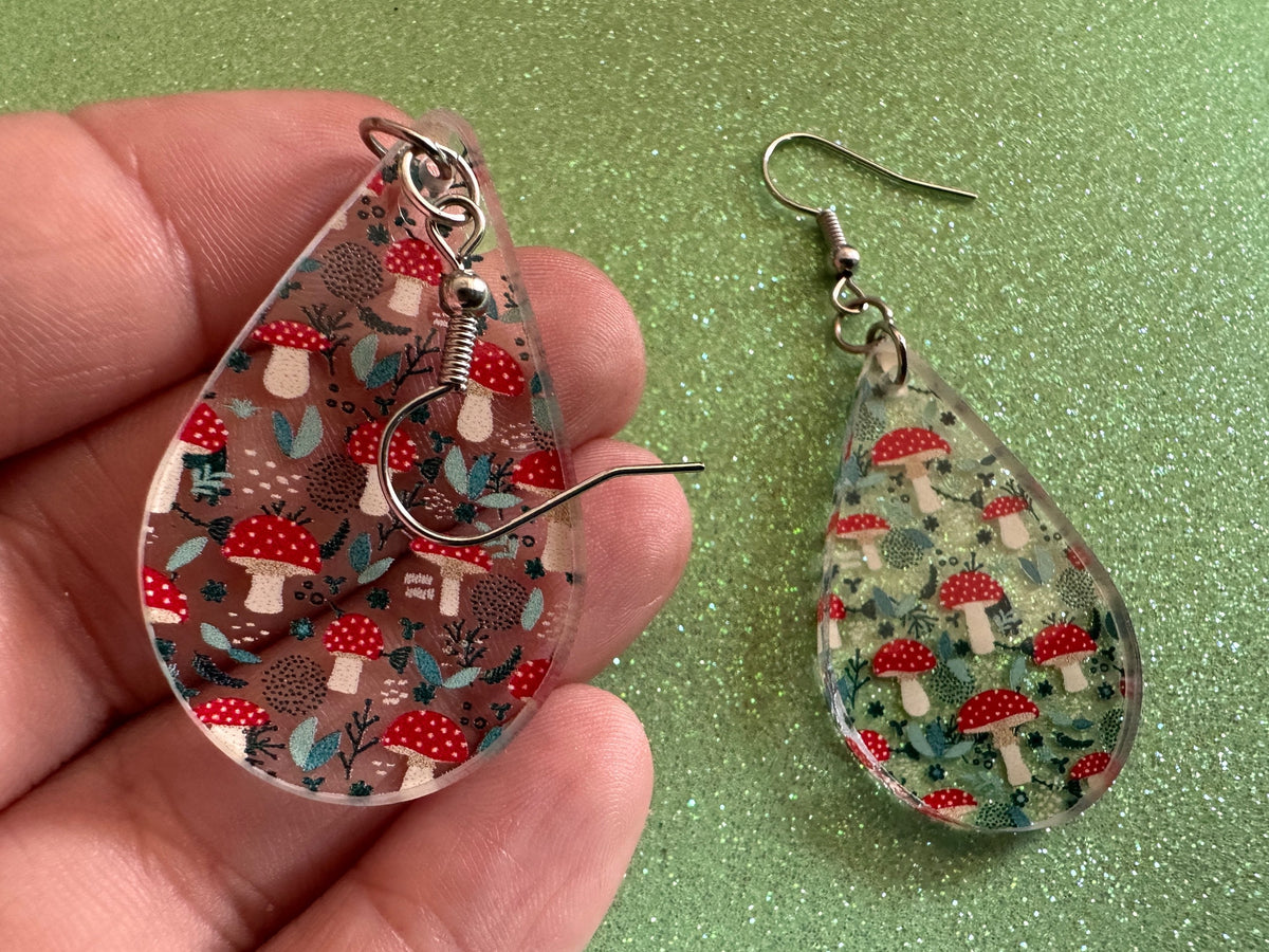 Forest Earrings: Laser Cut Acrylic Mushrooms, Trees, Amanita, Forest, Green, Insects, Cottage Core, Best Gifts for Her/Him/Them