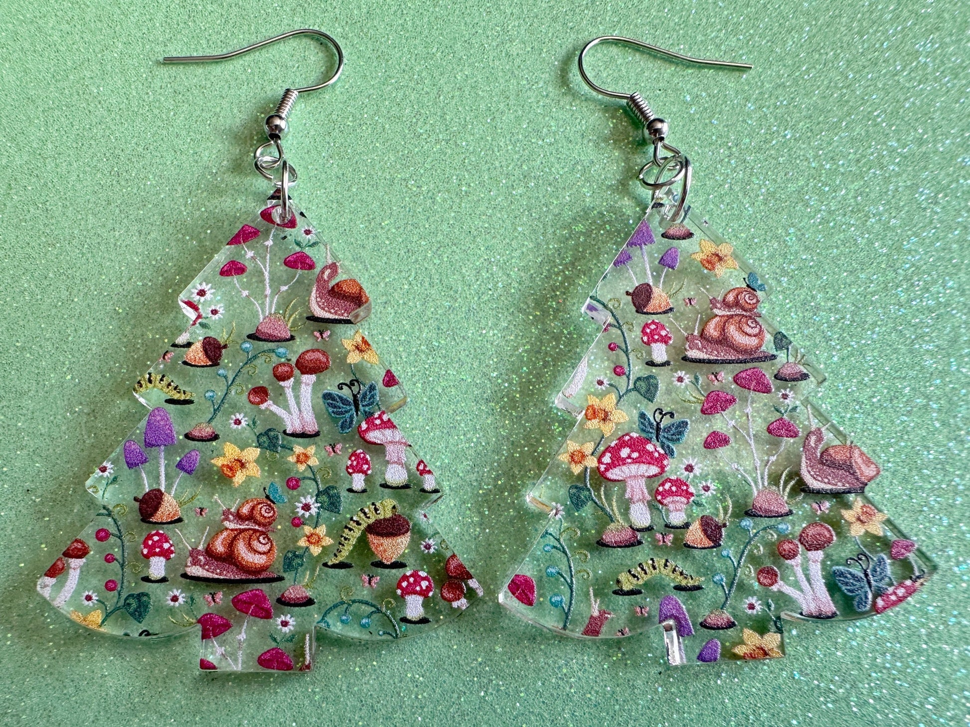 Forest Tree Earrings: Laser Cut Acrylic Mushrooms, Christmas Trees, Nature, Snails, Amanita, Green, Insects, Cottage, Gifts for Her/Him/Them