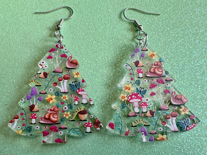 Forest Tree Earrings: Laser Cut Acrylic Mushrooms, Christmas Trees, Nature, Snails, Amanita, Green, Insects, Cottage, Gifts for Her/Him/Them