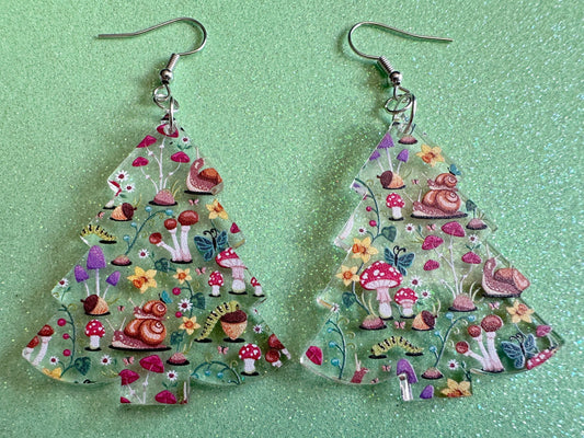 Forest Tree Earrings: Laser Cut Acrylic Mushrooms, Christmas Trees, Nature, Snails, Amanita, Green, Insects, Cottage, Gifts for Her/Him/Them