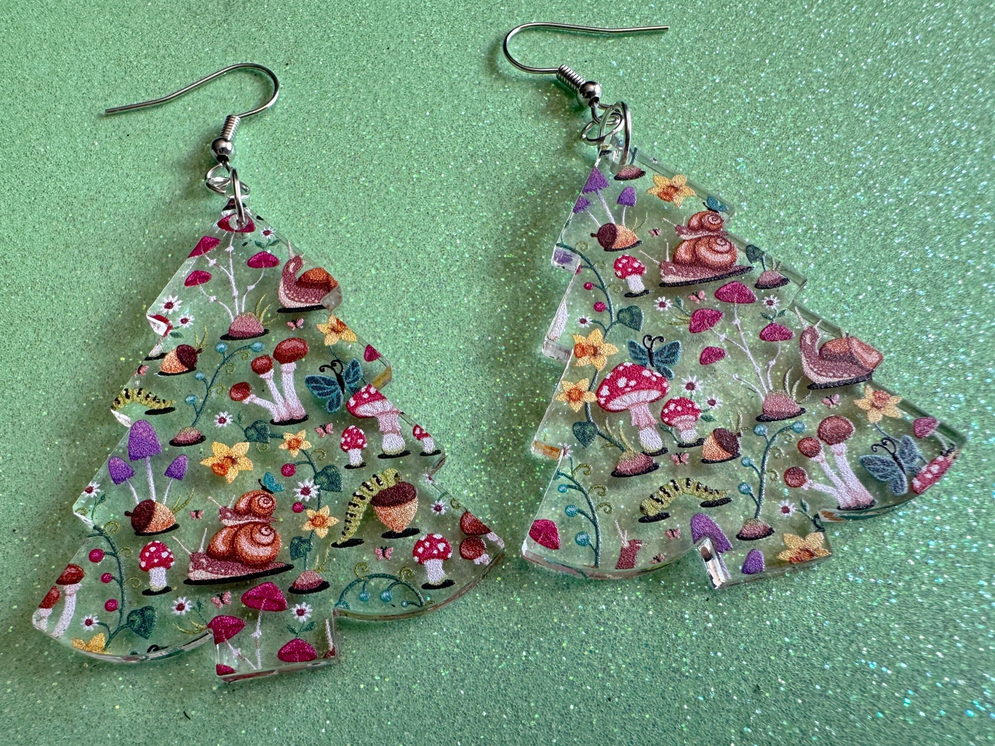 Forest Tree Earrings: Laser Cut Acrylic Mushrooms, Christmas Trees, Nature, Snails, Amanita, Green, Insects, Cottage, Gifts for Her/Him/Them