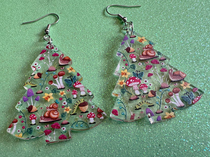 Forest Tree Earrings: Laser Cut Acrylic Mushrooms, Christmas Trees, Nature, Snails, Amanita, Green, Insects, Cottage, Gifts for Her/Him/Them