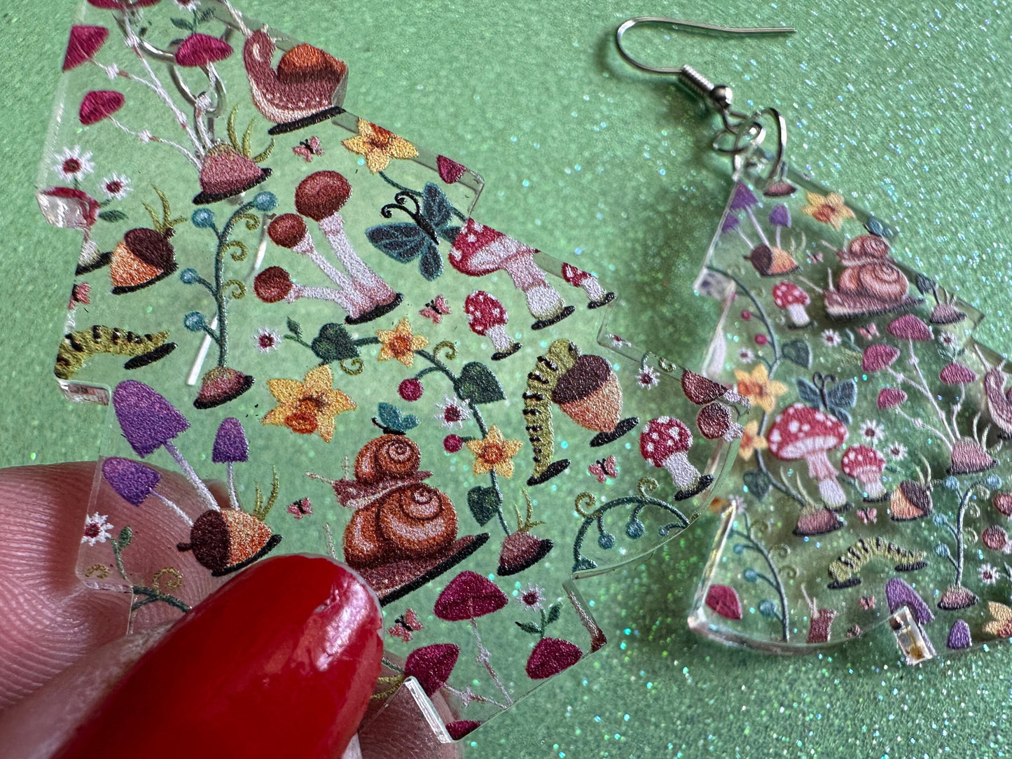 Forest Tree Earrings: Laser Cut Acrylic Mushrooms, Christmas Trees, Nature, Snails, Amanita, Green, Insects, Cottage, Gifts for Her/Him/Them