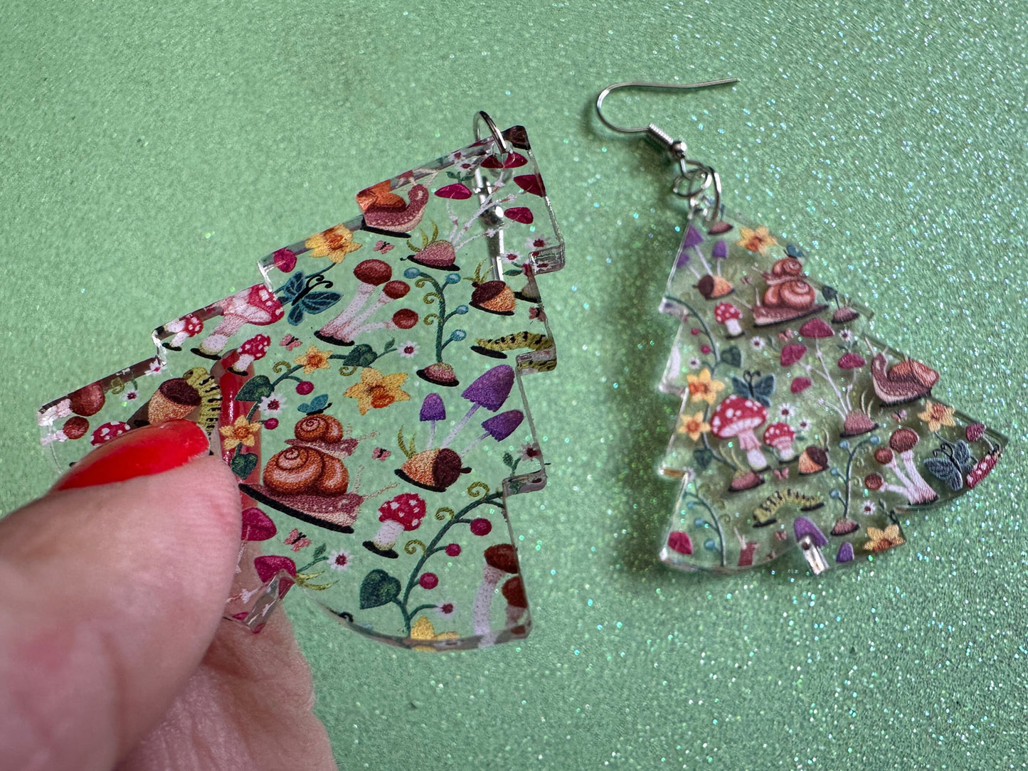 Forest Tree Earrings: Laser Cut Acrylic Mushrooms, Christmas Trees, Nature, Snails, Amanita, Green, Insects, Cottage, Gifts for Her/Him/Them