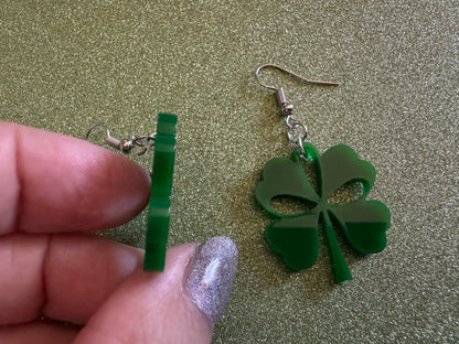 Four Leaf Clover Earrings: Laser Cut Acrylic Earrings, St. Patrick's Day, Green Earrings, Leprechaun, Irish, Best Gifts for Her/Him/Them