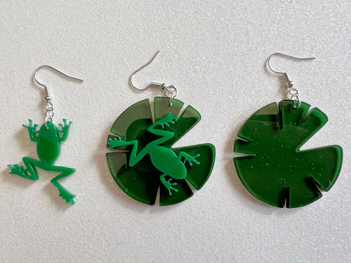 Frog on Lily Pad Earrings: Laser Cut Acrylic Green Frogs, Lily Pads, Fall Earrings, Animals, Gifts for Her/Him/Them