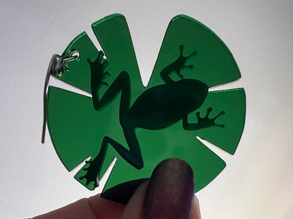 Frog on Lily Pad Earrings: Laser Cut Acrylic Green Frogs, Lily Pads, Fall Earrings, Animals, Gifts for Her/Him/Them