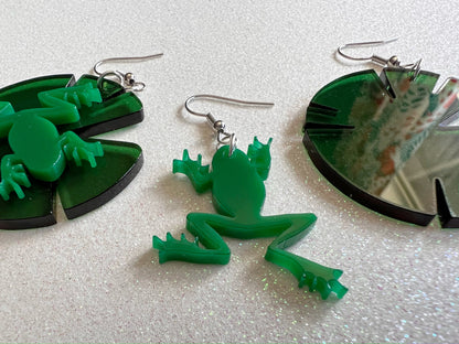 Frog on Lily Pad Earrings: Laser Cut Acrylic Green Frogs, Lily Pads, Fall Earrings, Animals, Gifts for Her/Him/Them